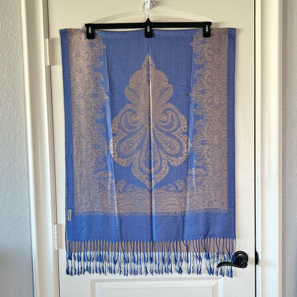 Vintage Blue Gold Paisley Pashmina Wrap Scarf Jacquard Shawl Fall Travel